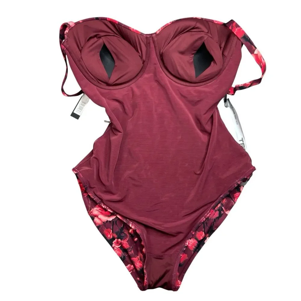 TA3 Lushy Swimsuit F/G Cup 3X Long Womens Tall Red One‎ Piece Floral Corset Lace